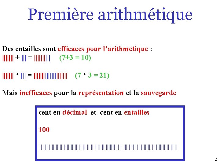 Première arithmétique Des entailles sont efficaces pour l’arithmétique : ||||||| + ||| = |||||