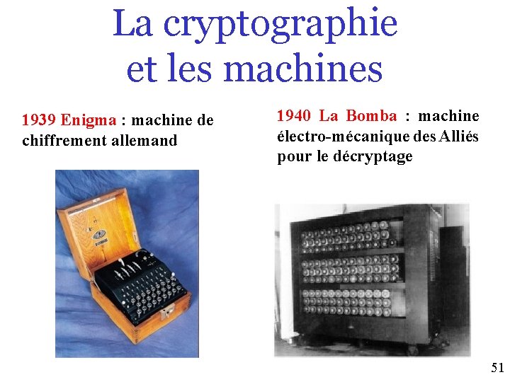 La cryptographie et les machines 1939 Enigma : machine de chiffrement allemand 1940 La
