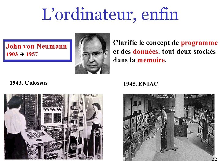 L’ordinateur, enfin John von Neumann 1903 1957 1943, Colossus Clarifie le concept de programme