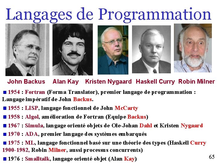 Langages de Programmation John Backus Alan Kay Kristen Nygaard Haskell Curry Robin Milner 1954