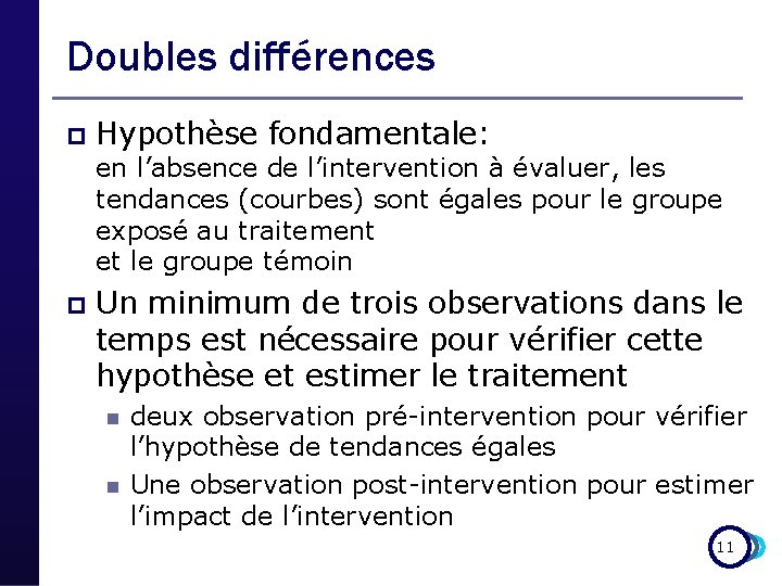 Doubles différences p Hypothèse fondamentale: en l’absence de l’intervention à évaluer, les tendances (courbes)