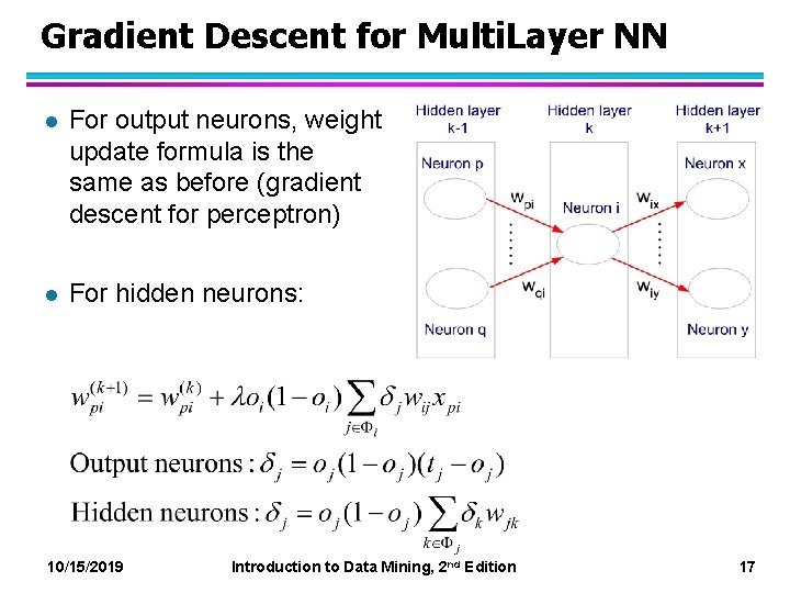 Gradient Descent for Multi. Layer NN l For output neurons, weight update formula is