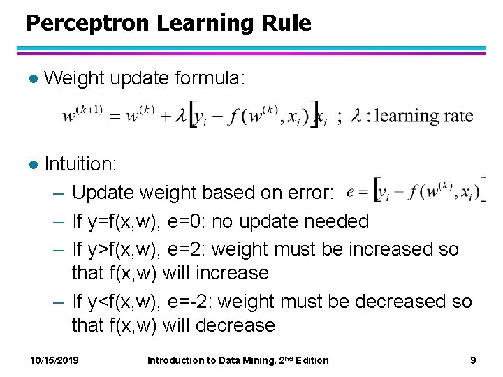 Perceptron Learning Rule l Weight update formula: l Intuition: – Update weight based on