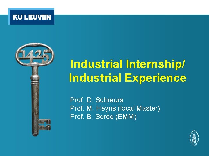 Industrial Internship/ Industrial Experience Prof. D. Schreurs Prof. M. Heyns (local Master) Prof. B.