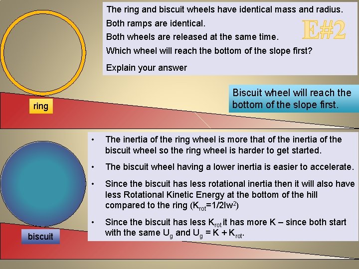 The ring and biscuit wheels have identical mass and radius. Both ramps are identical.