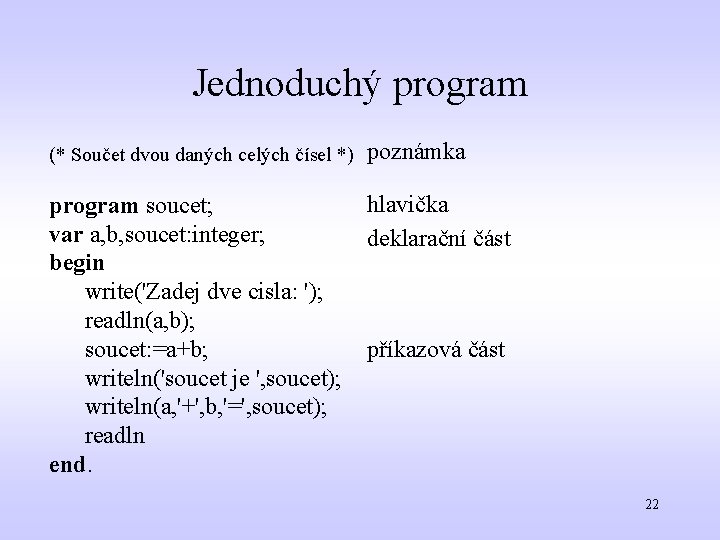 Jednoduchý program (* Součet dvou daných celých čísel *) poznámka program soucet; var a,