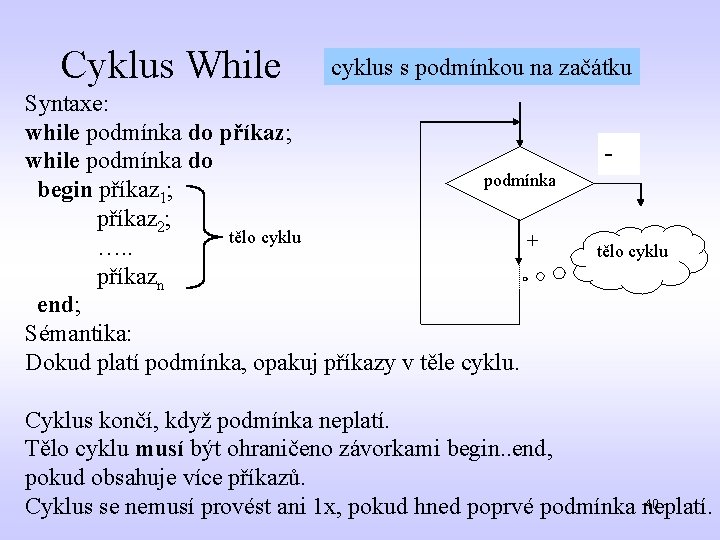 Cyklus While cyklus s podmínkou na začátku Syntaxe: while podmínka do příkaz; while podmínka