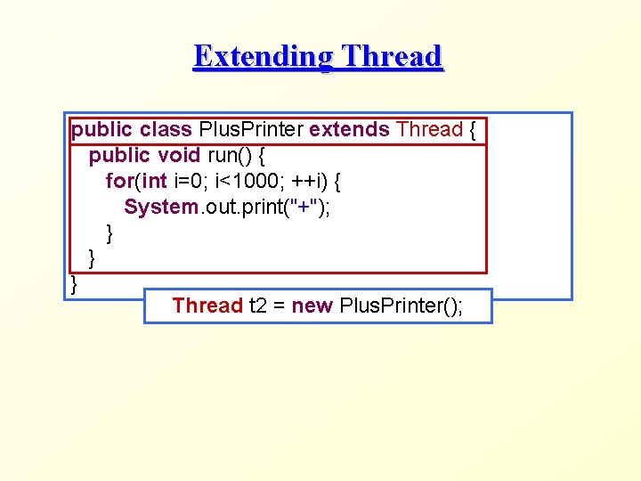 Extending Thread public class Plus. Printer extends Thread { public void run() { for(int