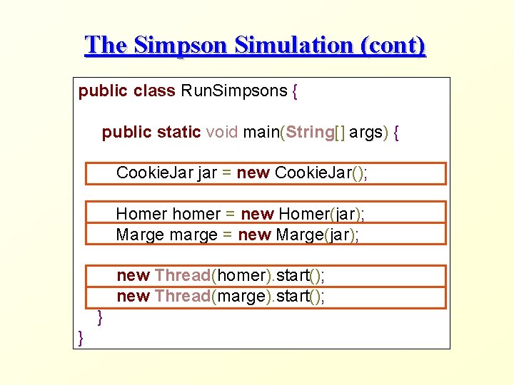 The Simpson Simulation (cont) public class Run. Simpsons { public static void main(String[] args)