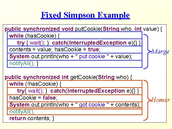 Fixed Simpson Example public synchronized void put. Cookie(String who, int value) { while (has.