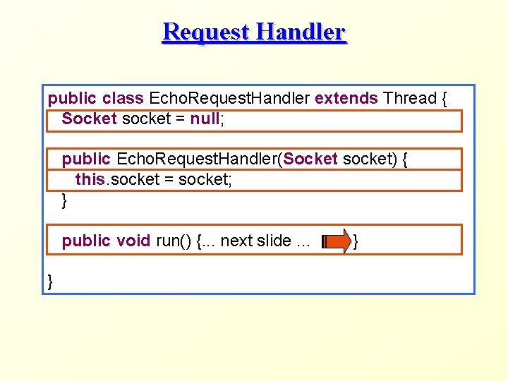 Request Handler public class Echo. Request. Handler extends Thread { Socket socket = null;