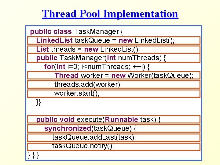 Thread Pool Implementation public class Task. Manager { Linked. List task. Queue = new