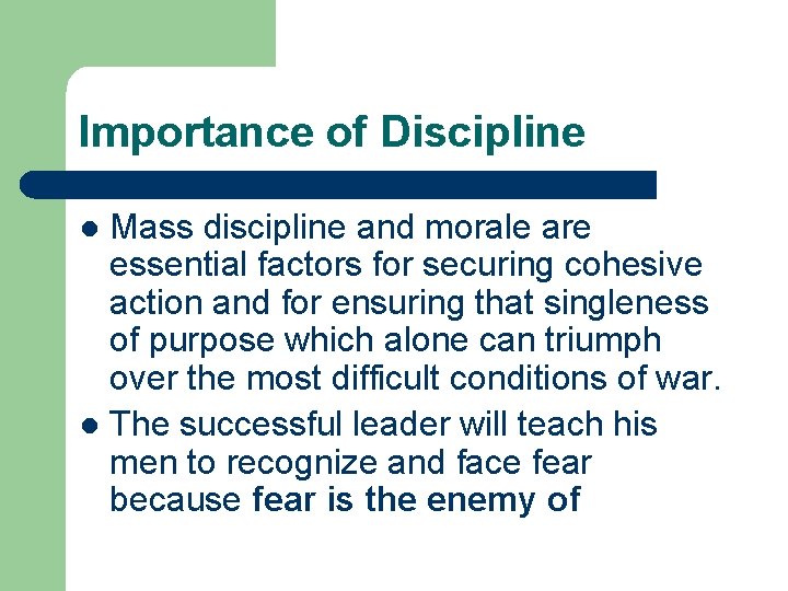 Importance of Discipline Mass discipline and morale are essential factors for securing cohesive action