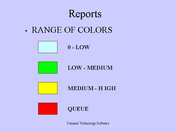 Reports • RANGE OF COLORS 0 - LOW - MEDIUM - H IGH QUEUE Reports • RANGE OF COLORS 0 - LOW - MEDIUM - H IGH QUEUE