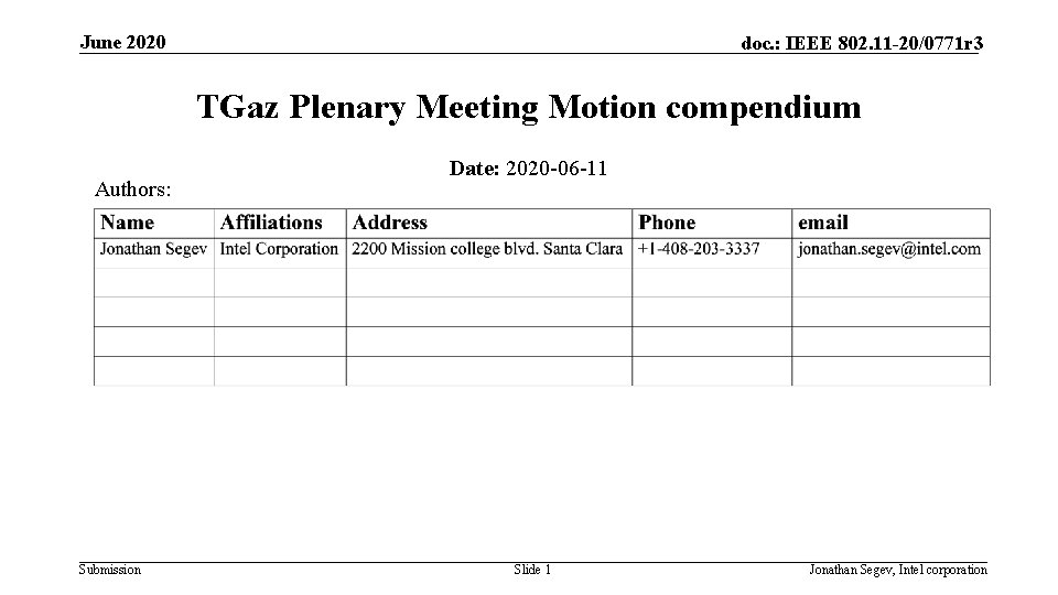 June 2020 doc. : IEEE 802. 11 -20/0771 r 3 TGaz Plenary Meeting Motion