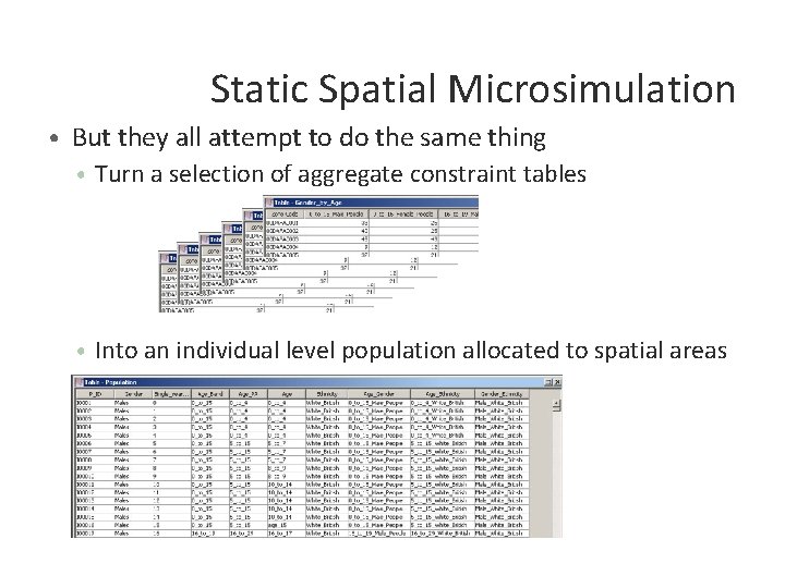 Static Spatial Microsimulation • But they all attempt to do the same thing •