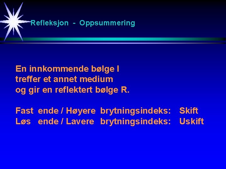 Refleksjon - Oppsummering En innkommende bølge I treffer et annet medium og gir en