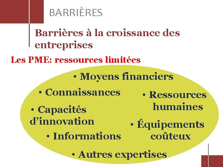 BARRIÈRES Barrières à la croissance des entreprises Les PME: ressources limitées • Moyens financiers