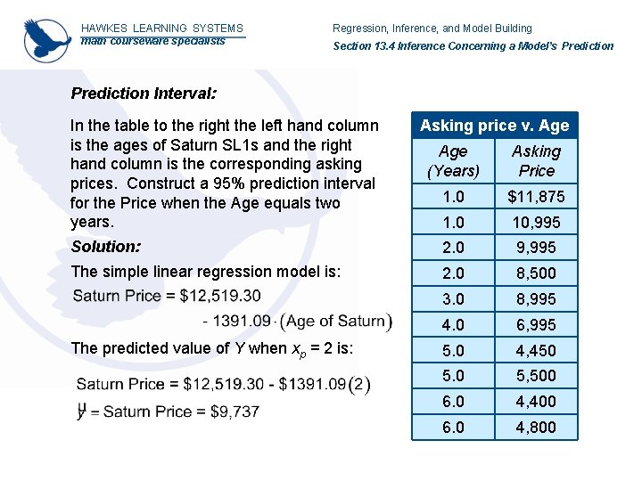 HAWKES LEARNING SYSTEMS math courseware specialists Regression, Inference, and Model Building Section 13. 4