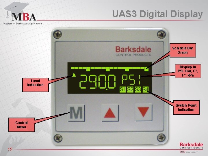 UAS 3 Digital Display Scalable Bar Graph Display in PSI, Bar, C°, F°, k.