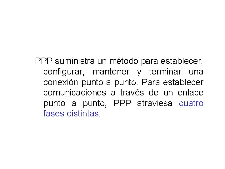 PPP suministra un método para establecer, configurar, mantener y terminar una conexión punto a