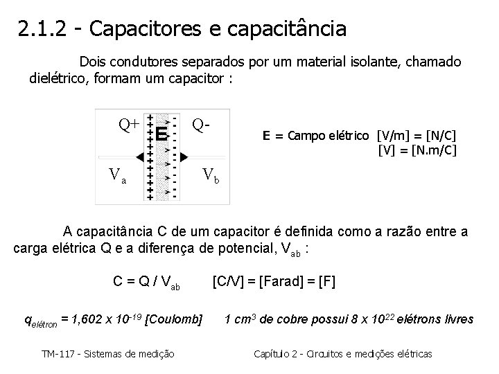 2. 1. 2 - Capacitores e capacitância Dois condutores separados por um material isolante,