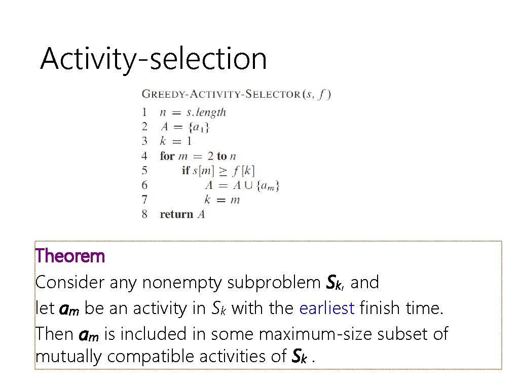 Activity-selection Theorem Consider any nonempty subproblem Sk, and let am be an activity in