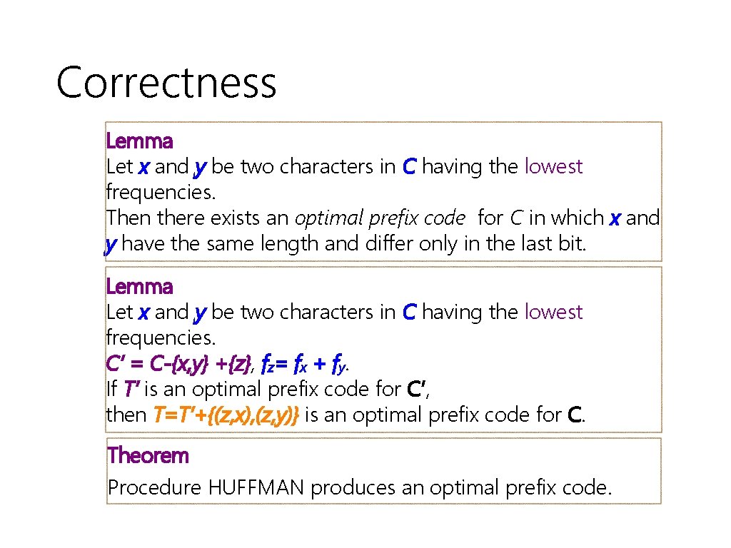 Correctness Lemma Let x and y be two characters in C having the lowest
