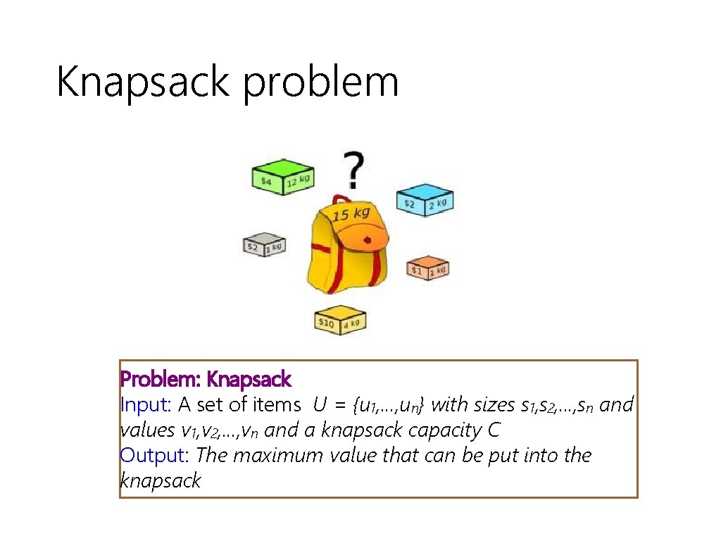 Knapsack problem Problem: Knapsack Input: A set of items U = {u 1, .