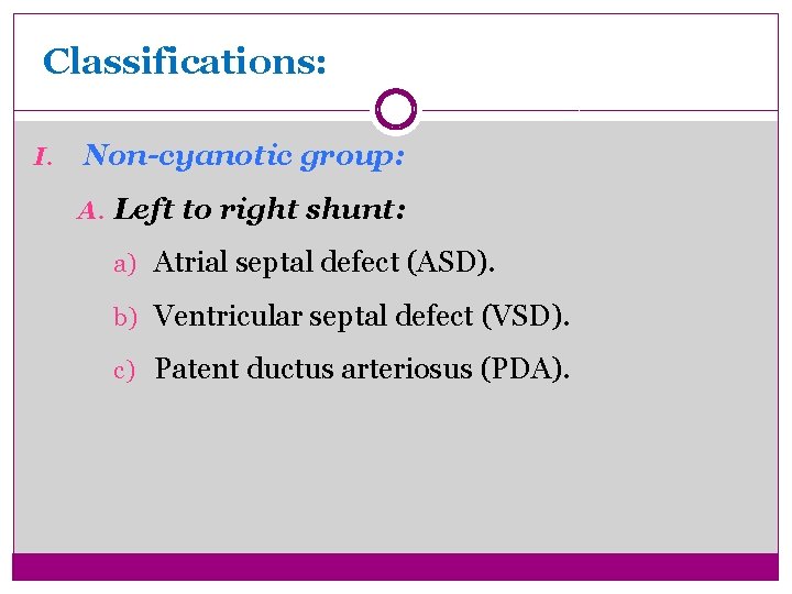 Classifications: I. Non-cyanotic group: A. Left to right shunt: a) Atrial septal defect (ASD).