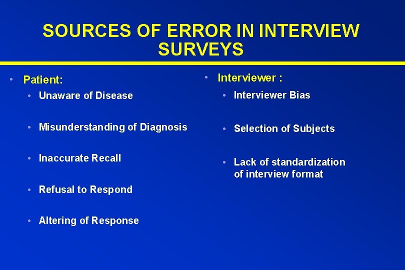 SOURCES OF ERROR IN INTERVIEW SURVEYS • Patient: • Interviewer : • Unaware of