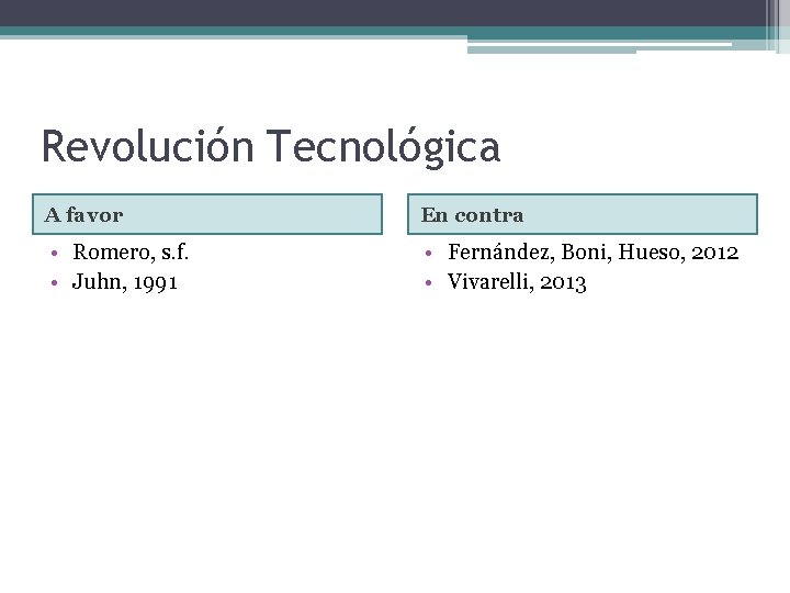 Revolución Tecnológica A favor En contra • Romero, s. f. • Juhn, 1991 •