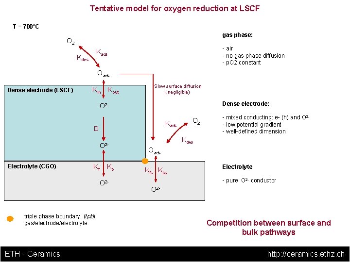 Tentative model for oxygen reduction at LSCF T = 700°C gas phase: O 2