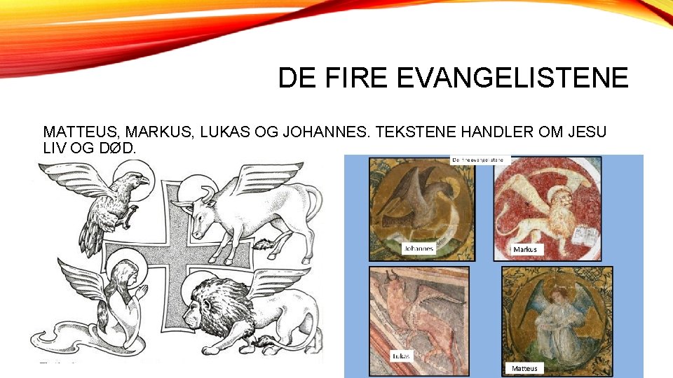 DE FIRE EVANGELISTENE MATTEUS, MARKUS, LUKAS OG JOHANNES. TEKSTENE HANDLER OM JESU LIV OG