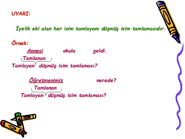 UYARI: İyelik eki alan her isim tamlayanı düşmüş isim tamlamasıdır. Örnek: Annesi okula geldi.