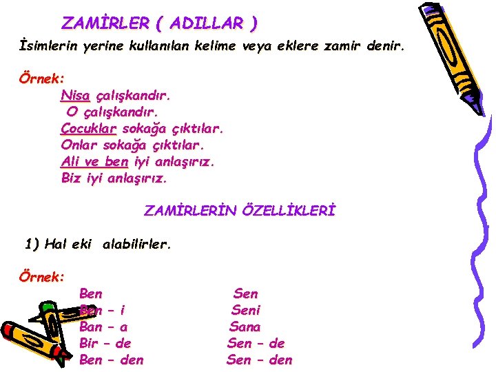 ZAMİRLER ( ADILLAR ) İsimlerin yerine kullanılan kelime veya eklere zamir denir. Örnek: Nisa