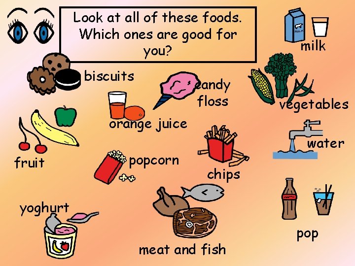 Look at all of these foods. Which ones are good for you? biscuits candy