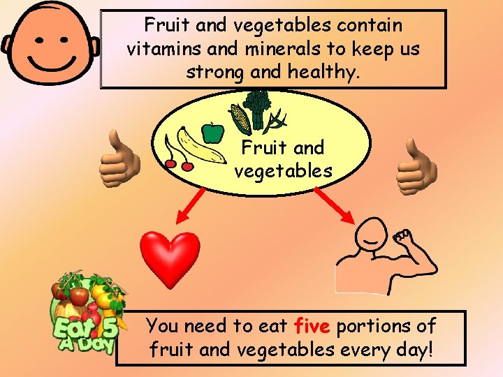 Fruit and vegetables contain vitamins and minerals to keep us strong and healthy. Fruit