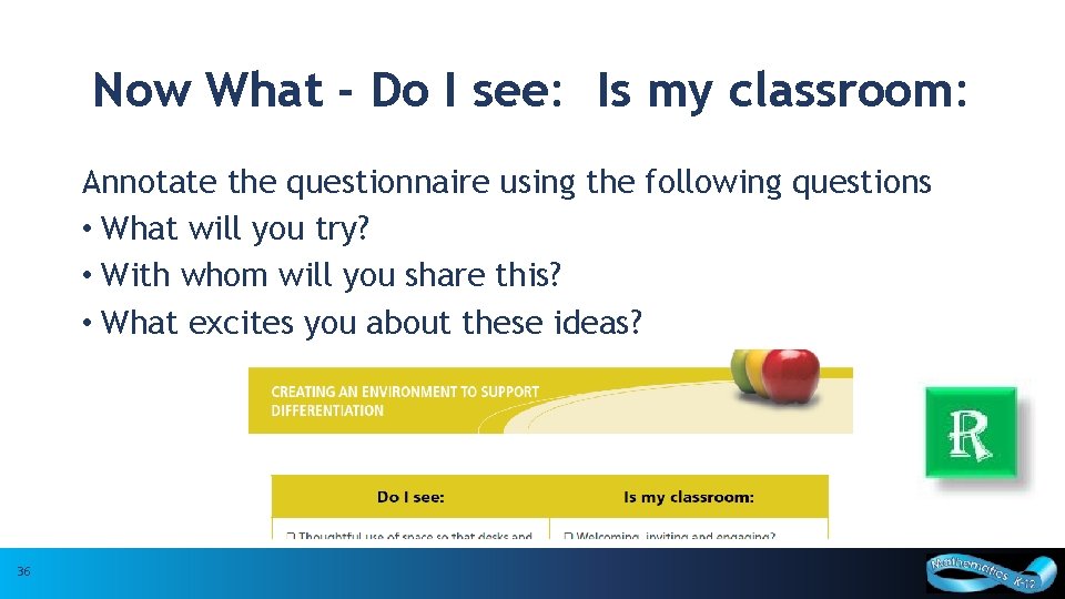 Now What - Do I see: Is my classroom: Annotate the questionnaire using the
