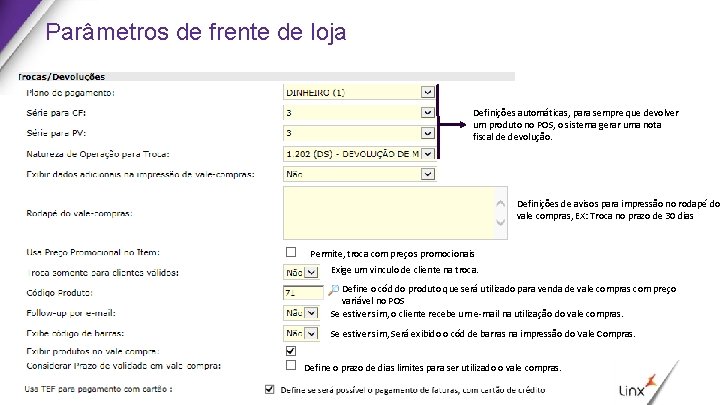 Parâmetros de frente de loja Definições automáticas, para sempre que devolver um produto no