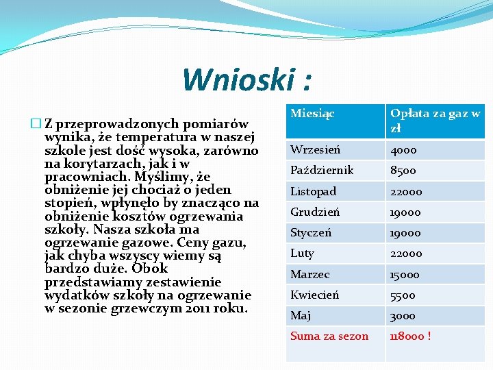 Wnioski : � Z przeprowadzonych pomiarów wynika, że temperatura w naszej szkole jest dość