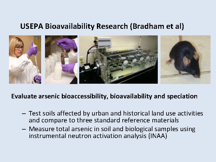 USEPA Bioavailability Research (Bradham et al) Evaluate arsenic bioaccessibility, bioavailability and speciation – Test