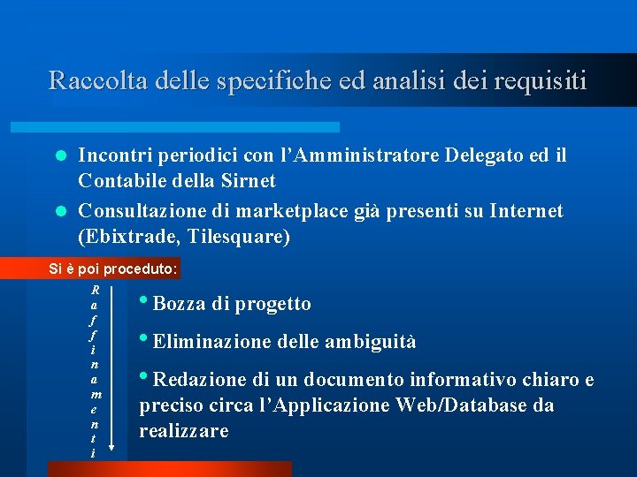 Raccolta delle specifiche ed analisi dei requisiti Incontri periodici con l’Amministratore Delegato ed il