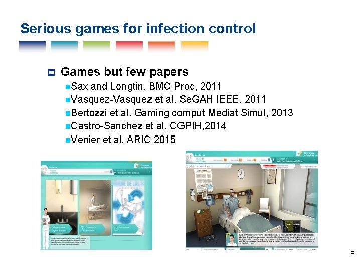 Serious games for infection control Games but few papers Sax and Longtin. BMC Proc,