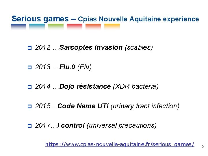 Serious games – Cpias Nouvelle Aquitaine experience 2012 …Sarcoptes invasion (scabies) 2013 …Flu. 0