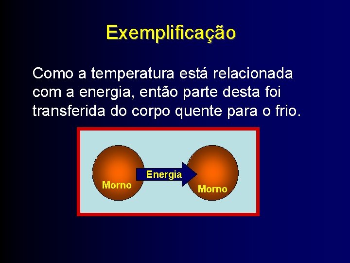 Exemplificação Como a temperatura está relacionada com a energia, então parte desta foi transferida