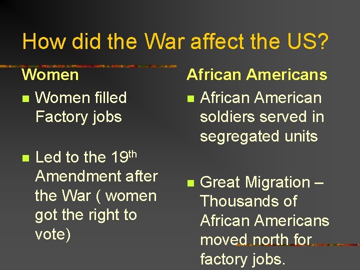 How did the War affect the US? Women n Women filled Factory jobs n