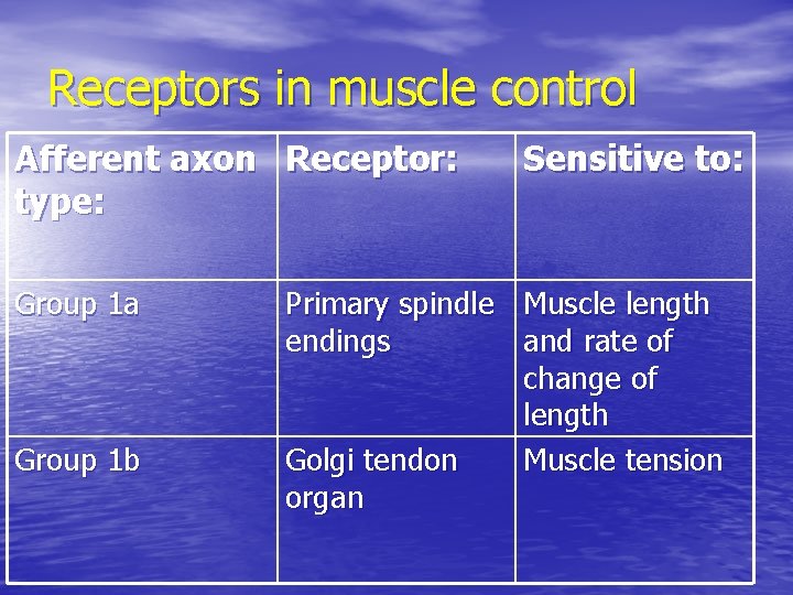Receptors in muscle control Afferent axon Receptor: type: Group 1 a Group 1 b