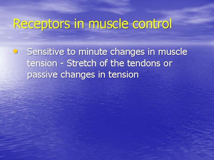 Receptors in muscle control • Sensitive to minute changes in muscle tension - Stretch