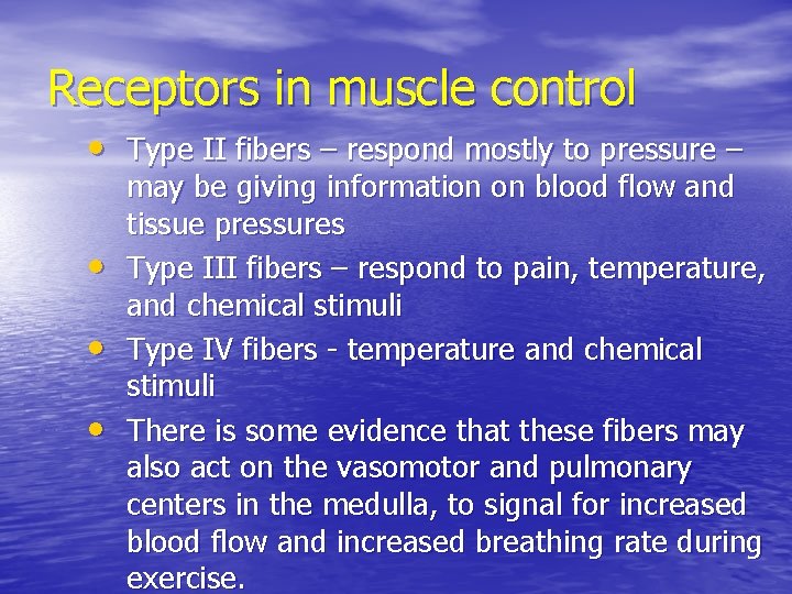 Receptors in muscle control • Type II fibers – respond mostly to pressure –
